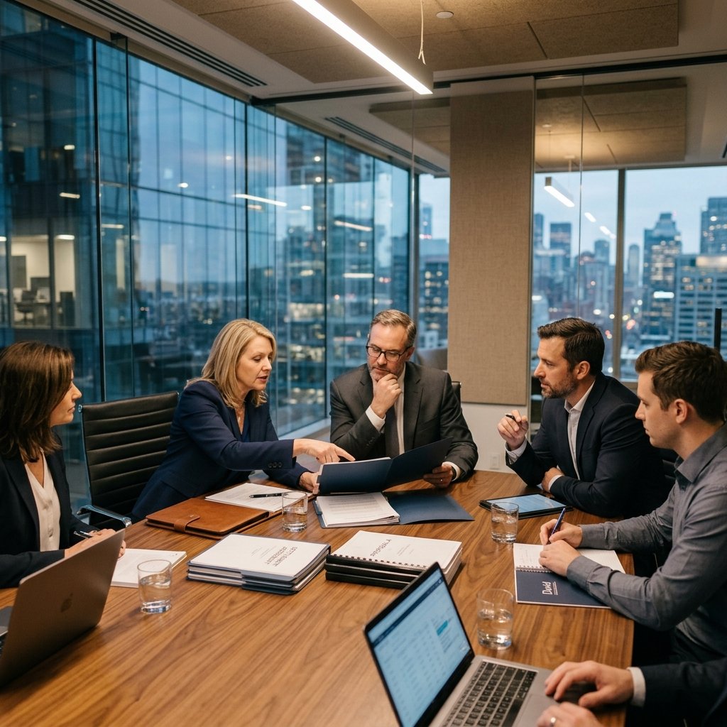 Boardroom settlement negotiation meeting with bank representatives